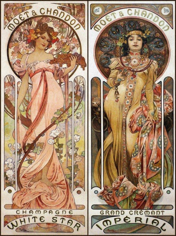 Two vintage Art Nouveau advertisement posters for Moet & Chandon Champagne featuring floral motifs and flowing designs.