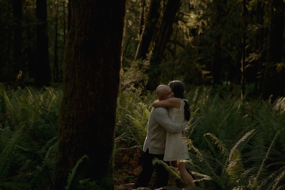 Two people share an intimate moment among ferns in a misty forest setting.