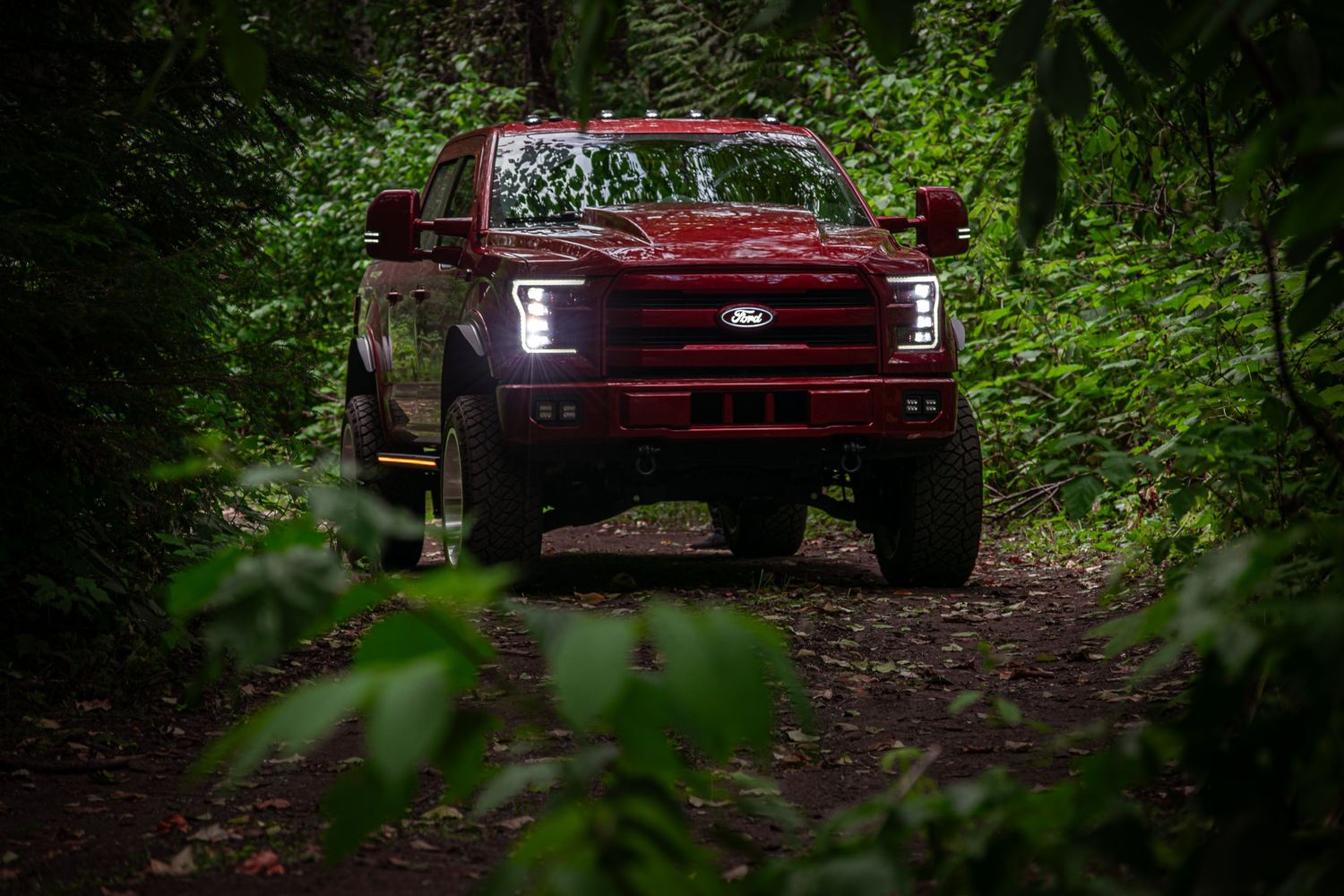 Red pickup truck driving through a lush forest trail.