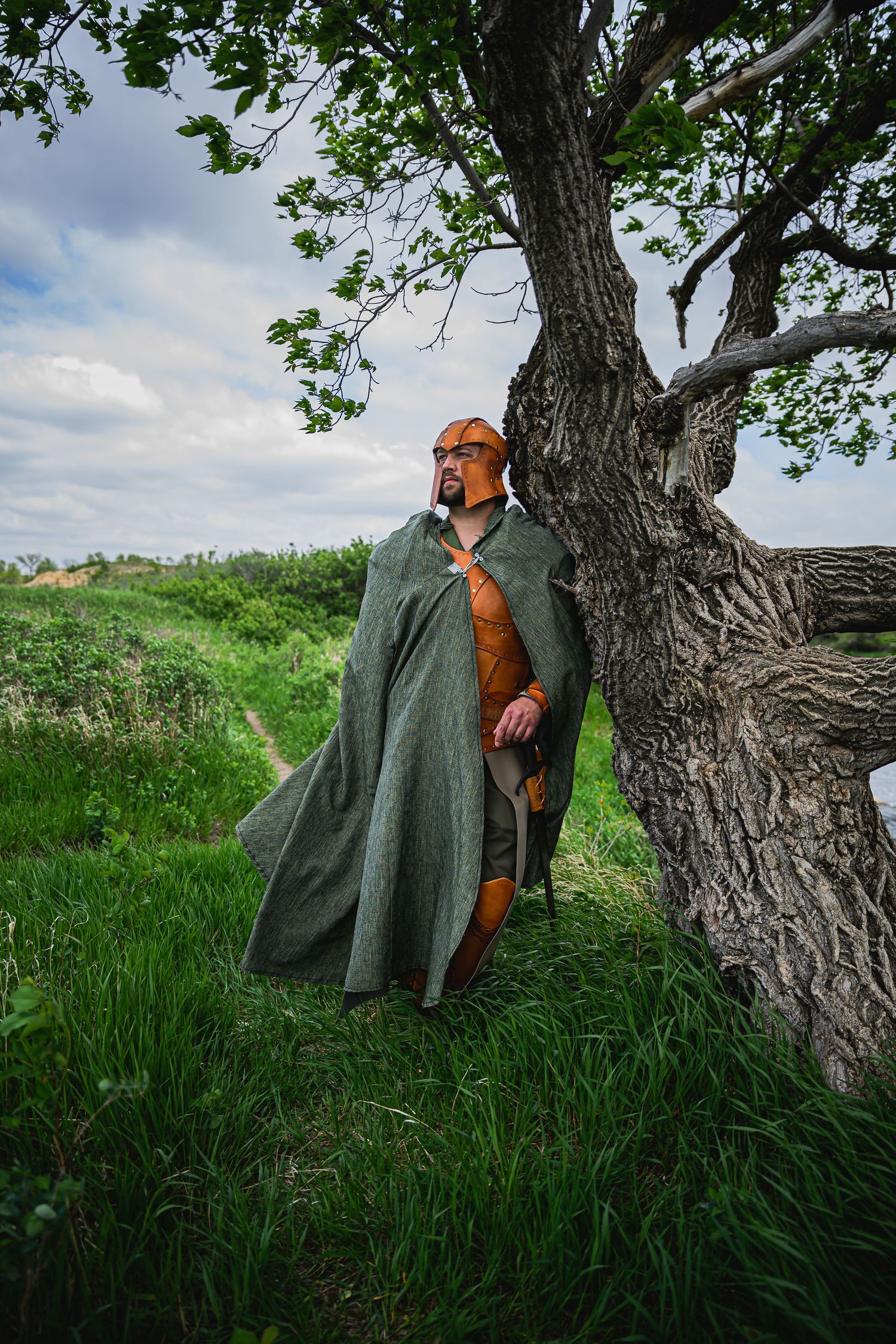 Medieval warrior in green cloak and armor leaning against ancient tree in lush green landscape.