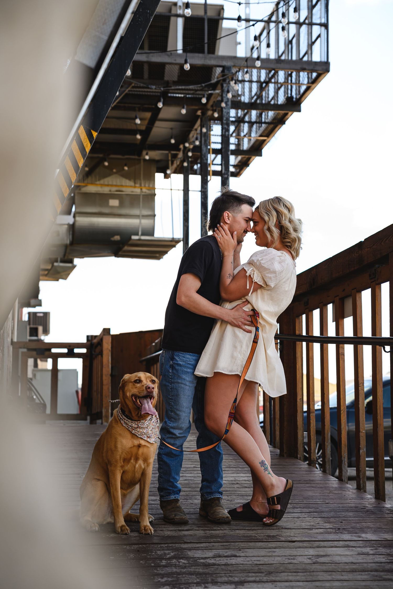Couple sharing a romantic kiss on a wooden deck with their golden dog wearing a bandana beside them.