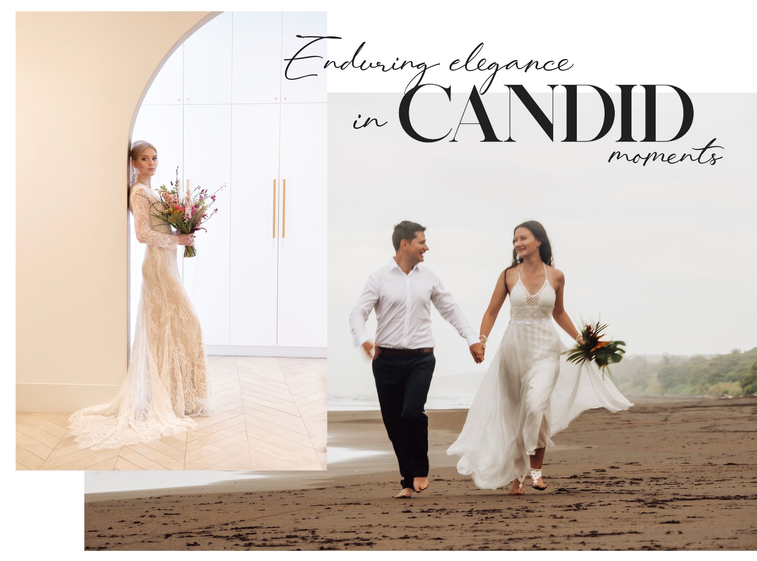 Elegant wedding photo collage showing a bride in white gown indoors and a couple walking together on a beach path.