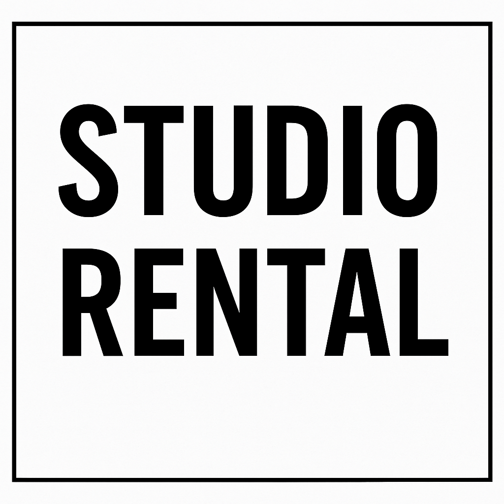 Black and white rental studio signage with bold lettering and minimalist design.