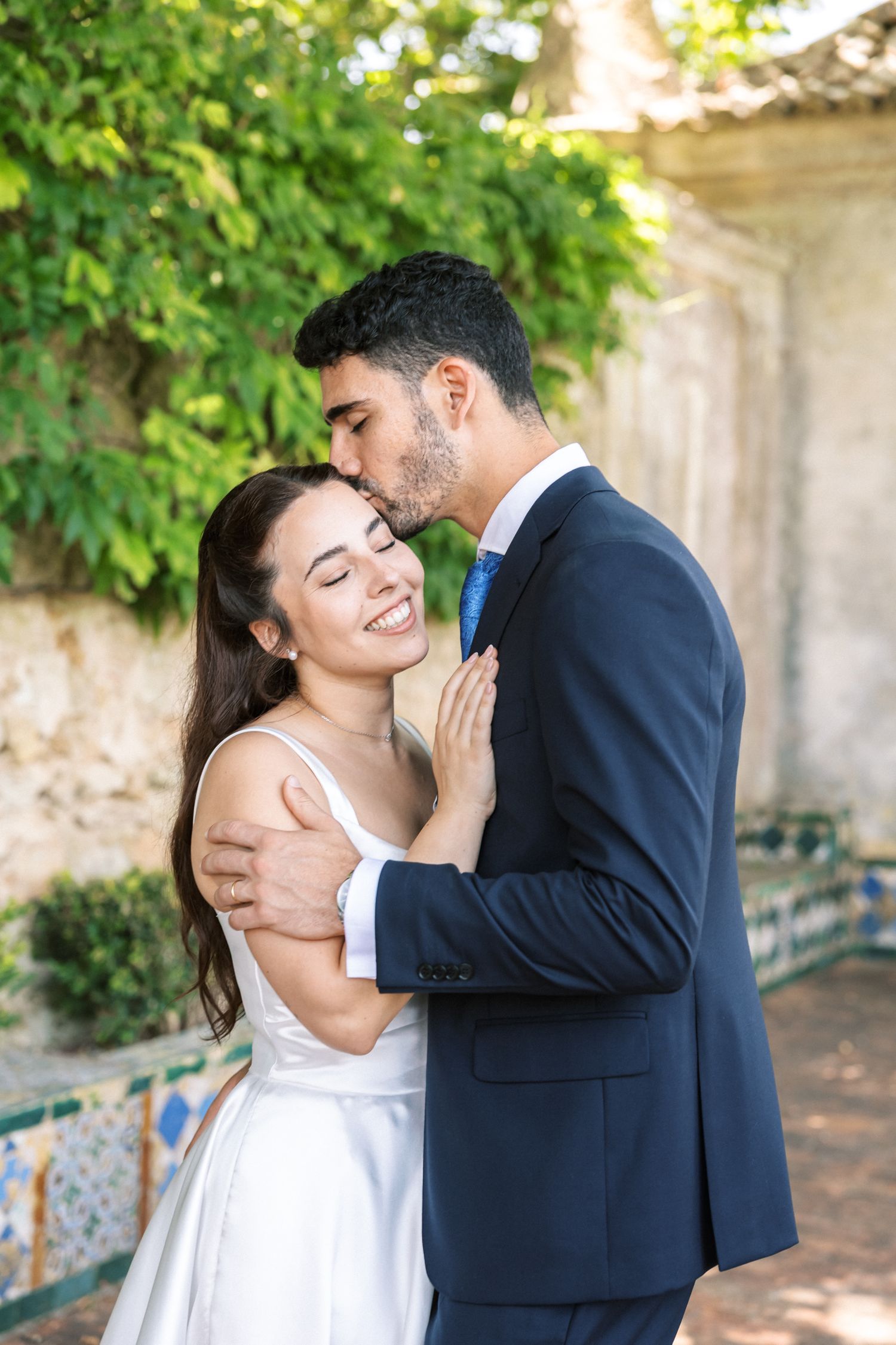Intimate bride and groom portrait during destination wedding in Portugal