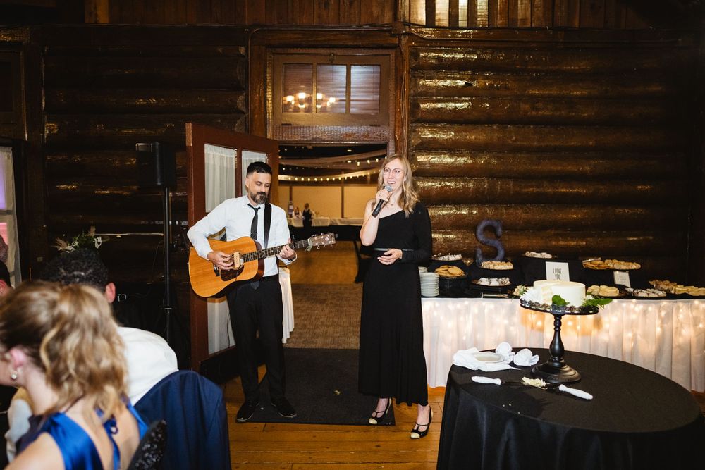 A wedding reception venue with string lights and rustic decor features multiple candid moments during the celebration.