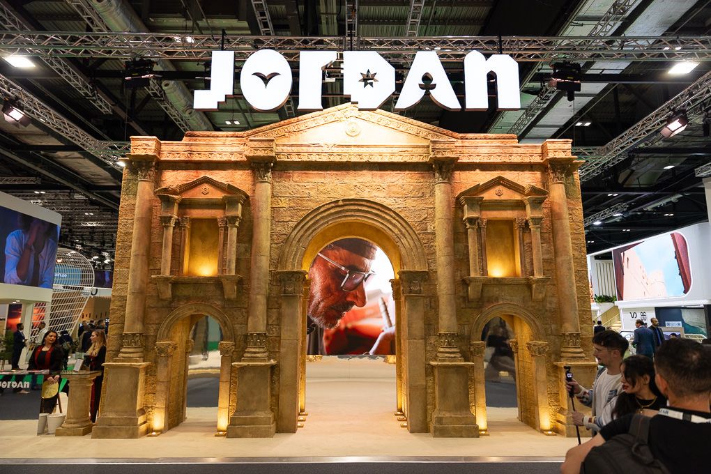 Ancient stone pillars and archways of the Jordan exhibit at the WTM, ExCel London, 2025.