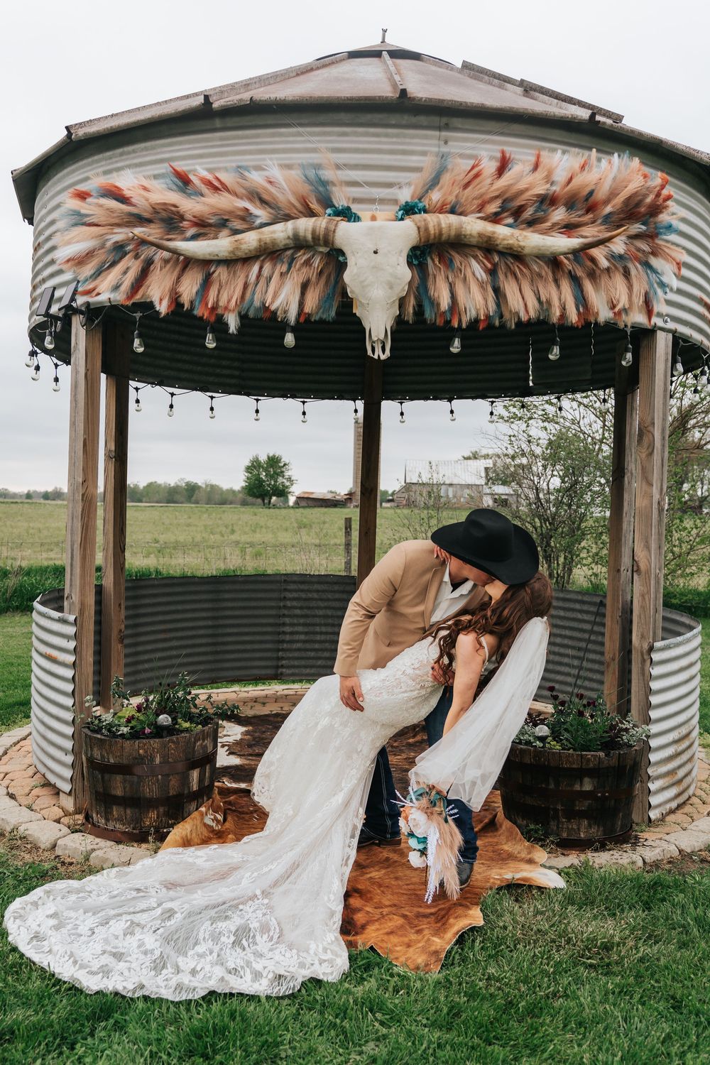 A series of candid moments showing a couple resting together on a wooden swing under a rustic gazebo in a country setting.