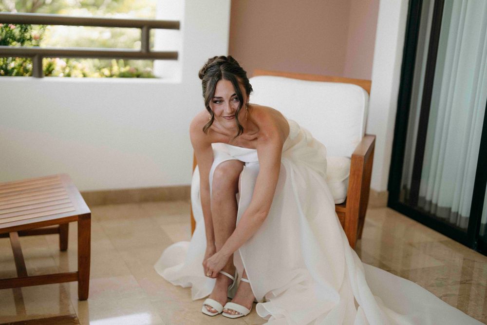 Elegant bridal portrait showing dress details during a luxury resort wedding celebration in Costa Rica.