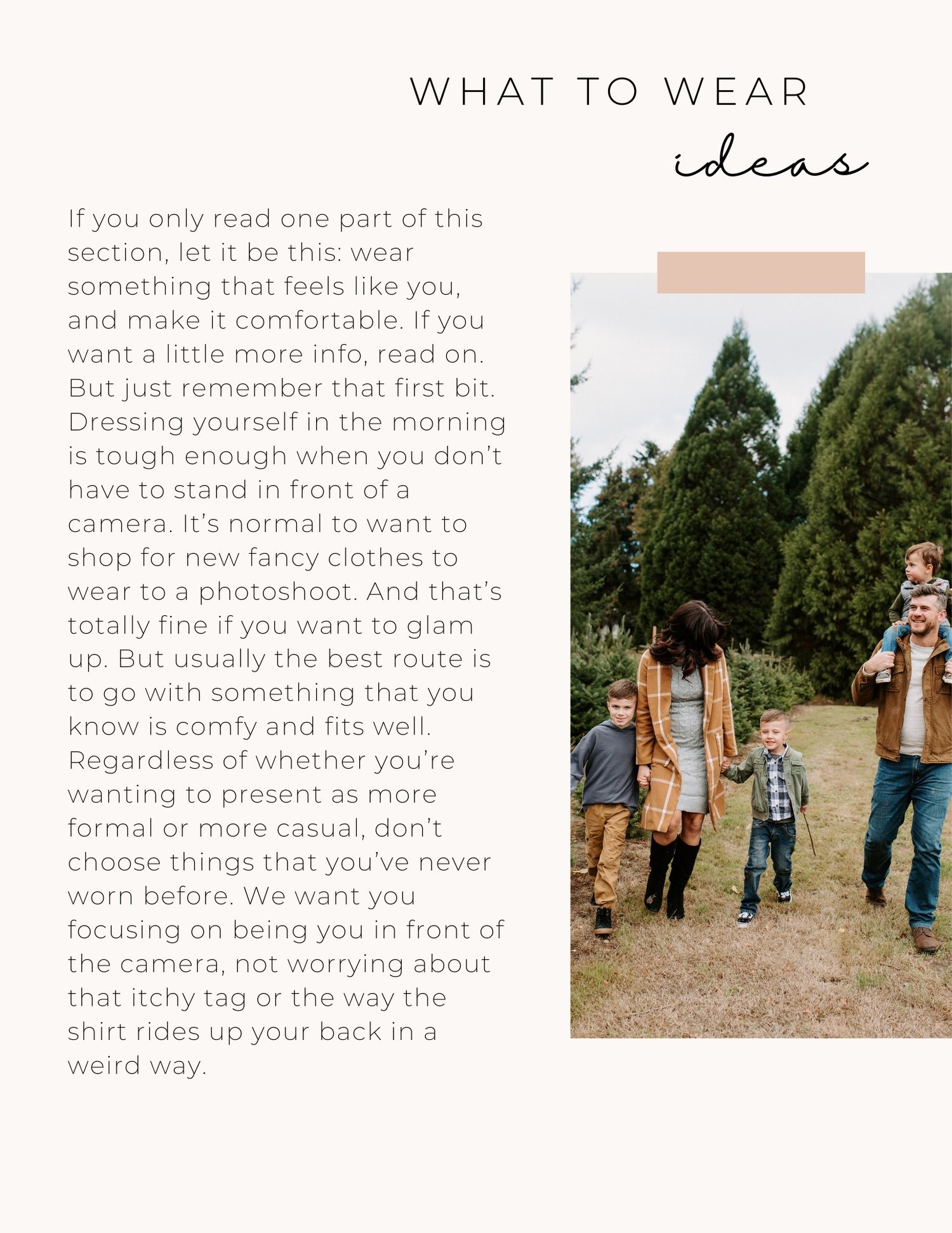 Style guide showing outfit suggestions for outdoor family photos at a tree farm.