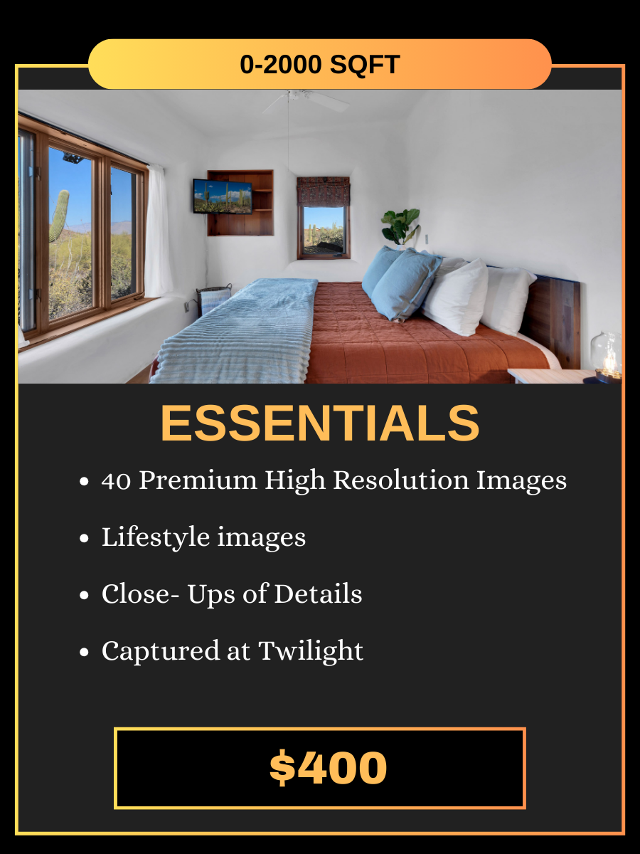 Real estate photography pricing card showing Essentials package for homes up to 2500 sq ft at $400.