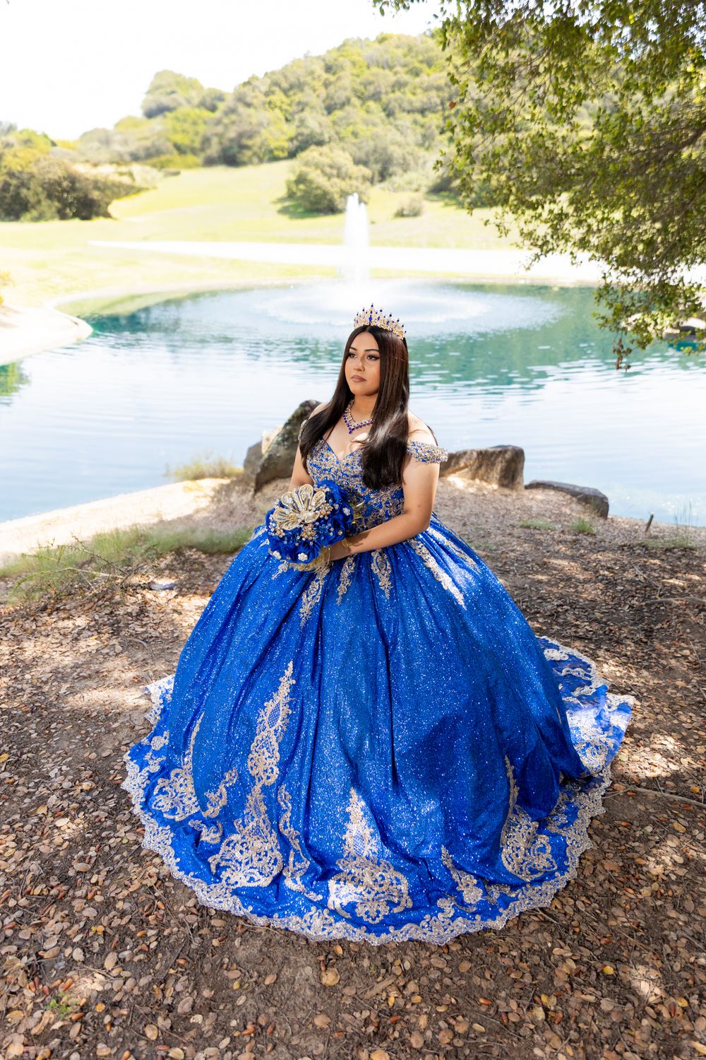A stunning royal blue and silver quinceañera gown with intricate lace details photographed near a fountain and pond.