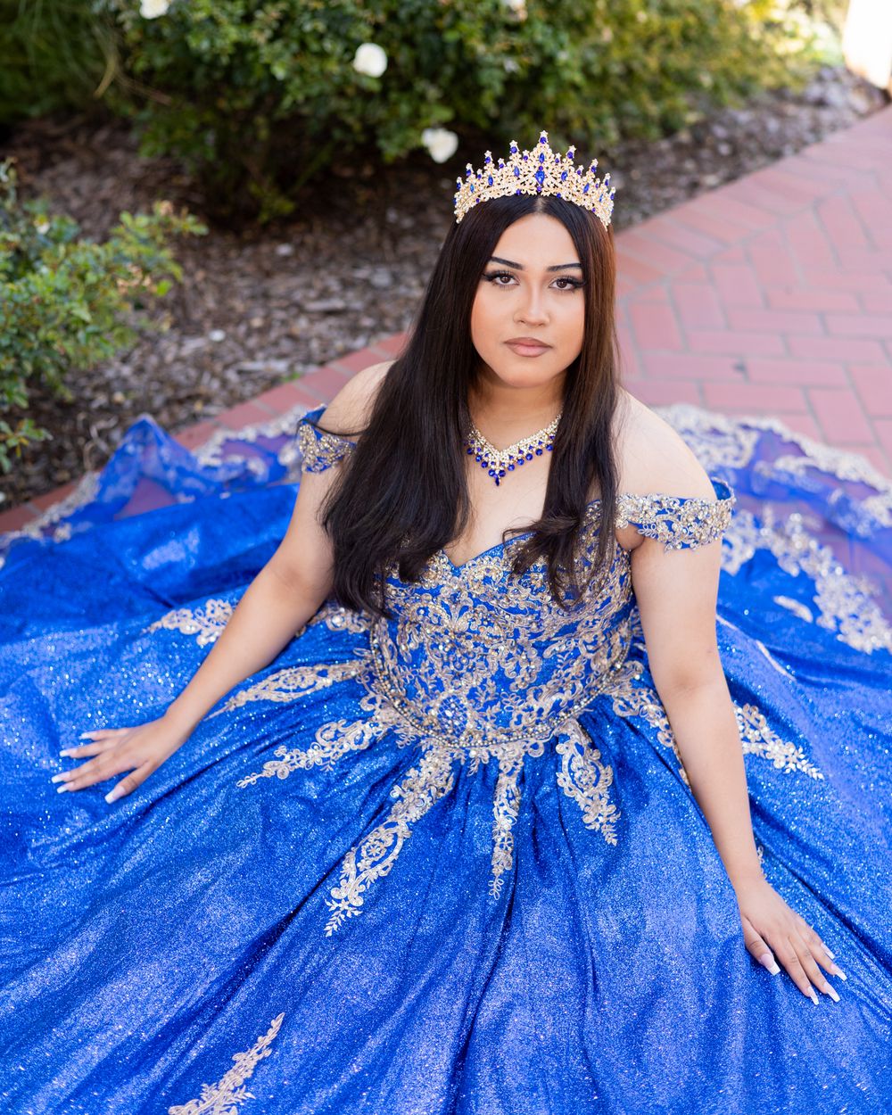 A quinceañera dress in royal blue with silver embellishments sparkles as someone poses in a garden setting.