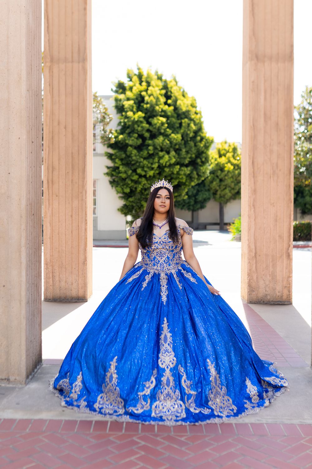 Stunning royal blue and silver ballgown with detailed embroidery photographed between elegant stone columns.