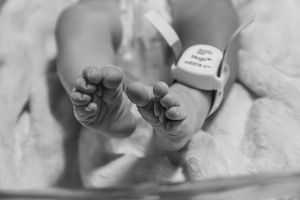 Close-up view of tiny newborn baby feet with hospital identification bands.