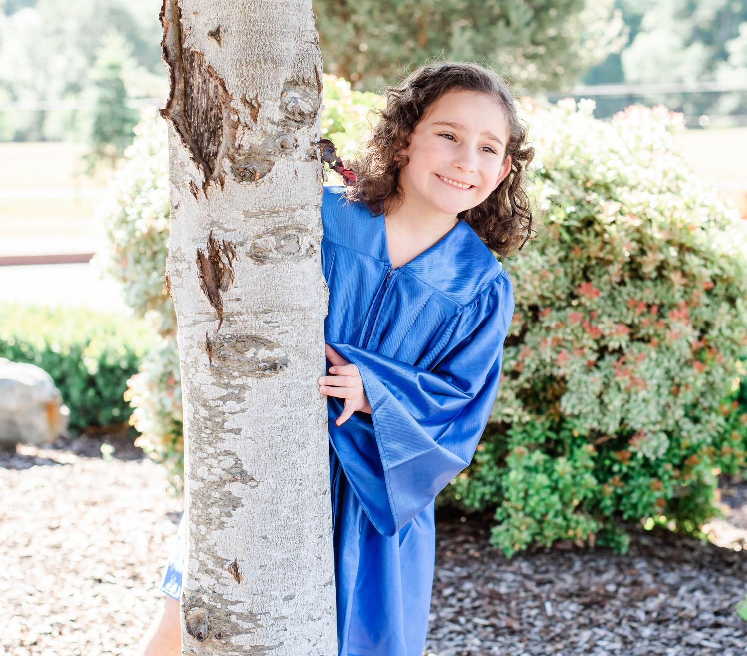 A graduate in blue regalia poses playfully near white birch trees during a photo shoot.