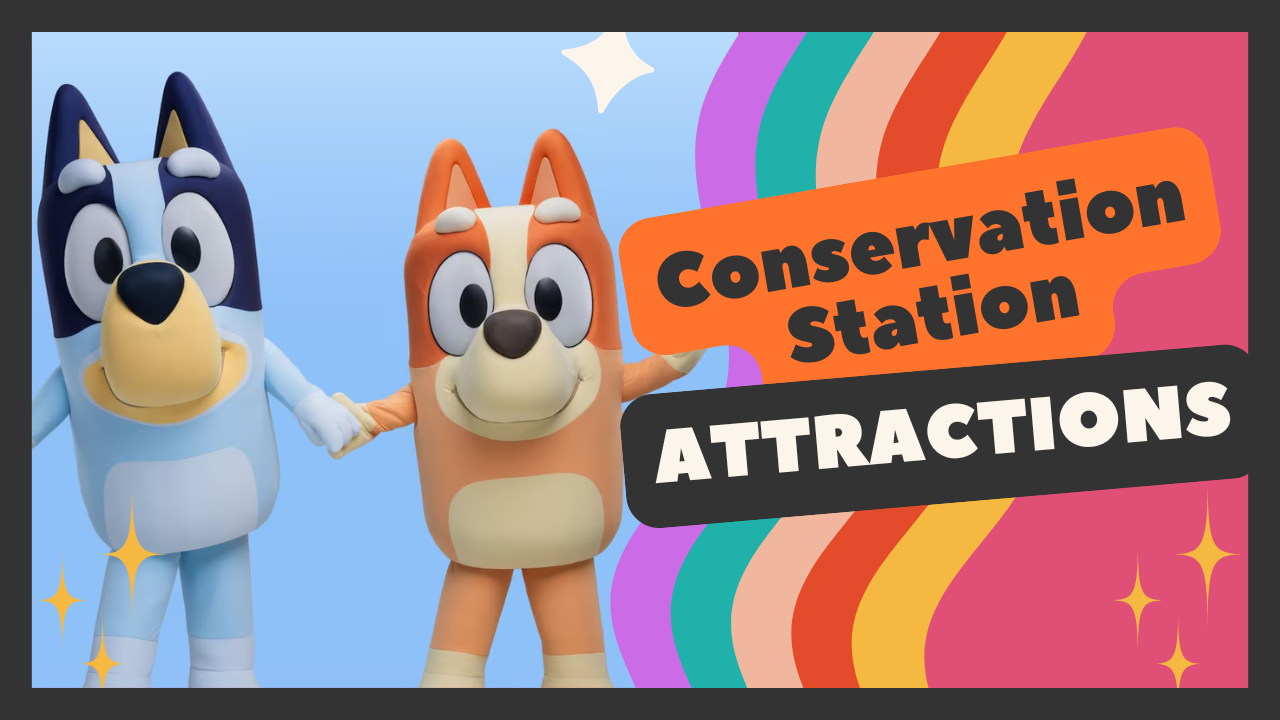 A cartoon baboon character stands on a rainbow background with text reading 'Rafiki's Planet Watch Attractions'.