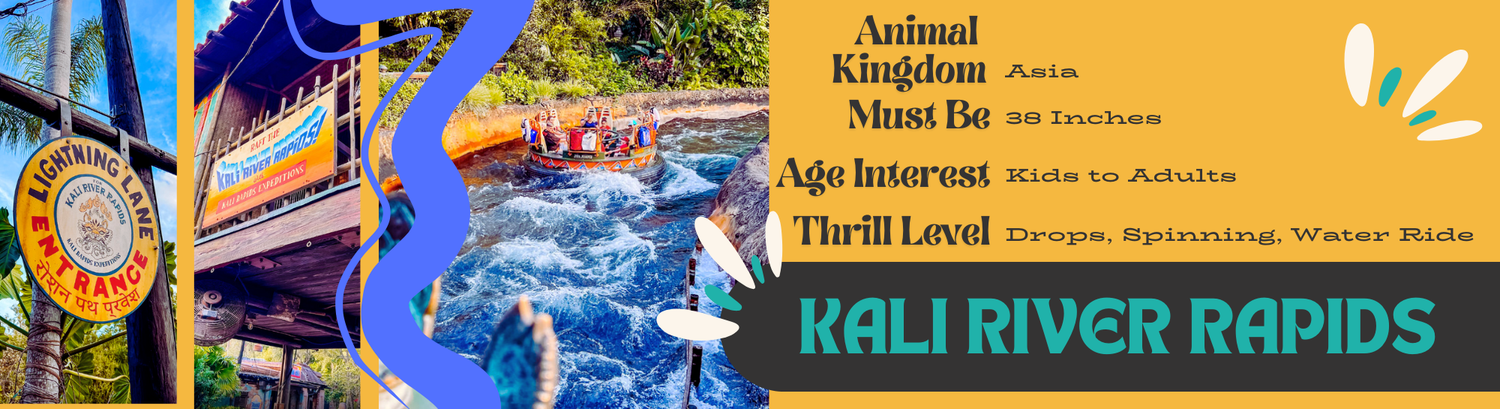 Digital banner design for Kali River Rapids ride featuring tropical motifs and blue-tinted temple architecture.
