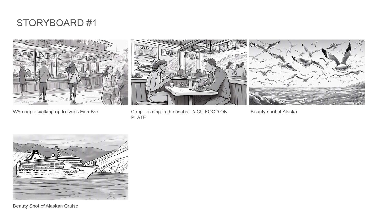 Black and white storyboard panels showing an airplane taking off from a field as birds fly across a dramatic sky.