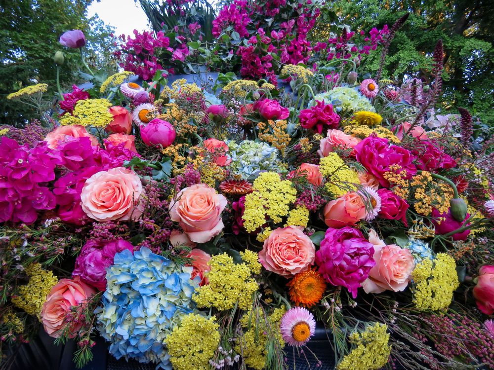 Stunning floral arrangement with pink roses, blue hydrangeas, and yellow flowers in vivid colors.