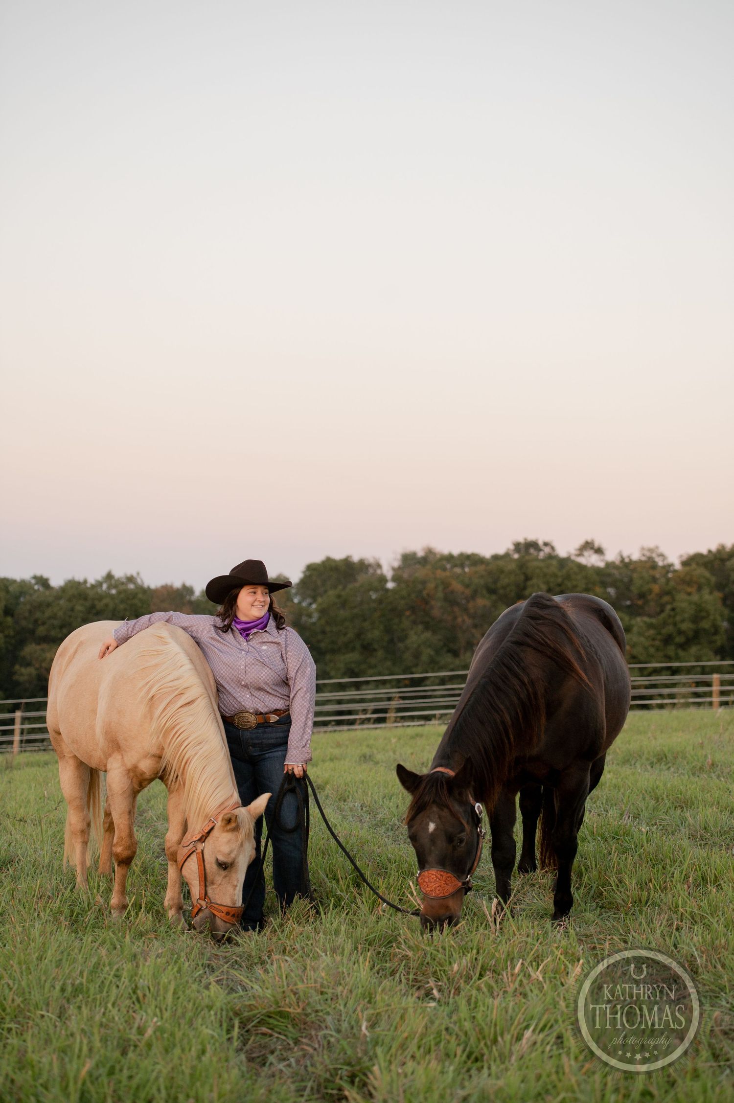 A peaceful scene of two horses grazing beside their handler in a fenced pasture at sunset.