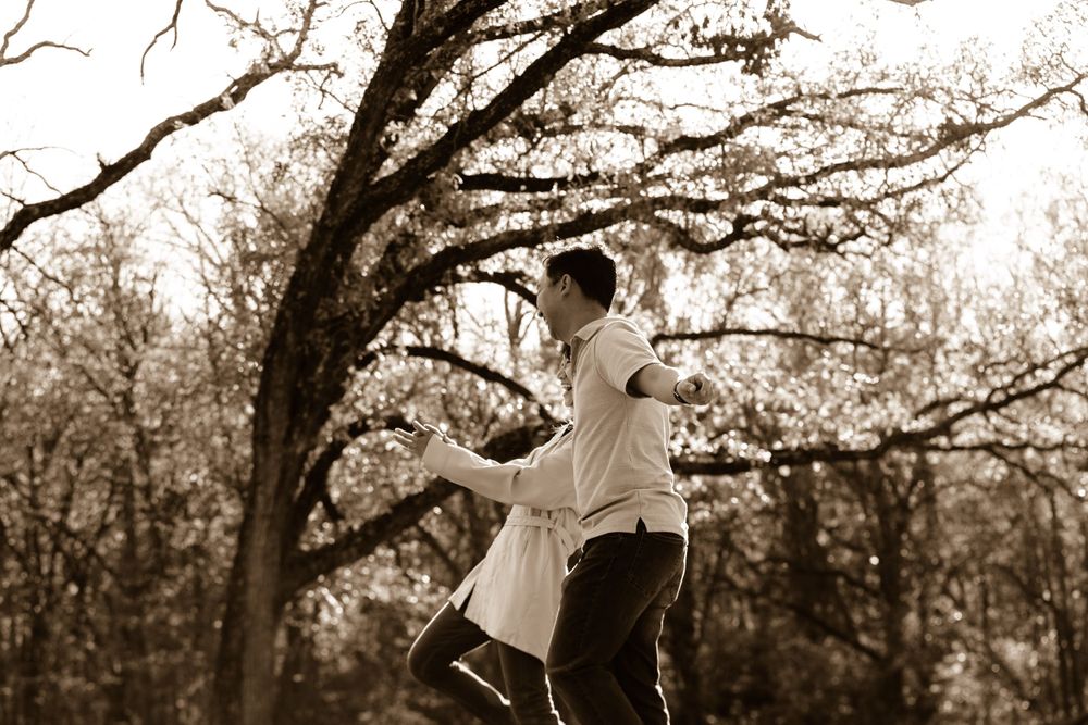 A sepia-toned artistic photograph shows someone walking past a branching tree in a serene natural setting.