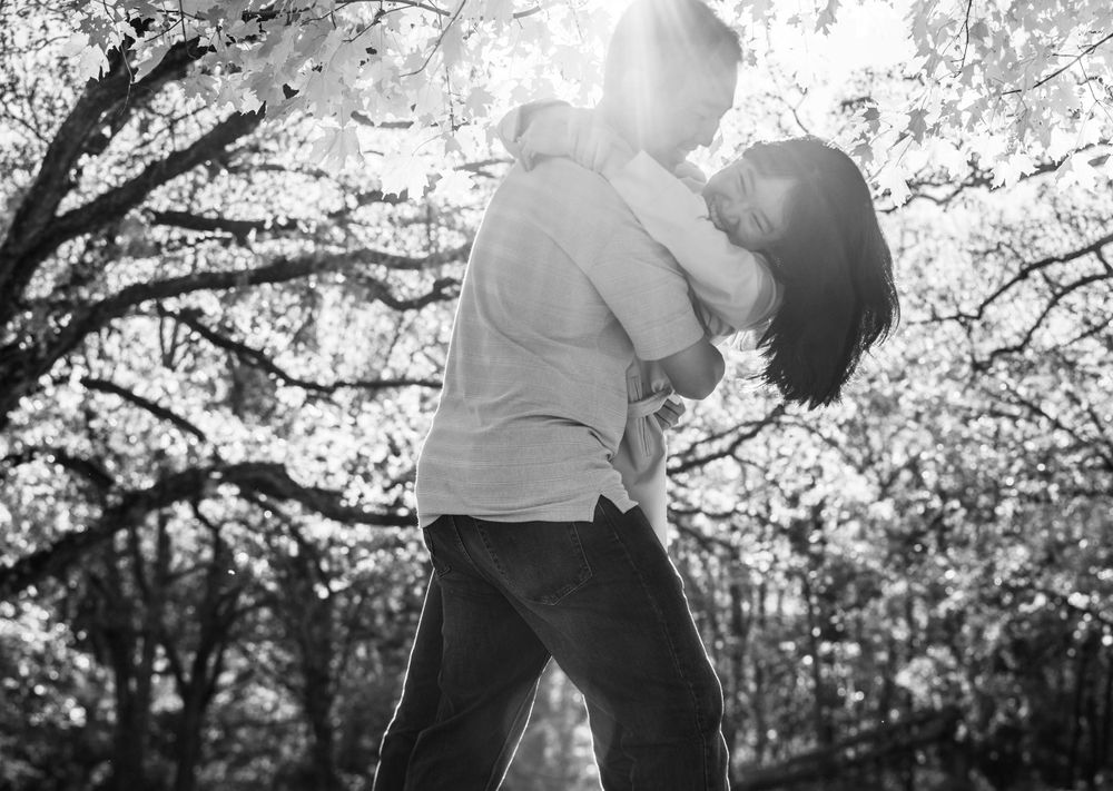 A silhouetted couple shares a romantic embrace under blooming cherry blossom trees with sunlight peeking through.