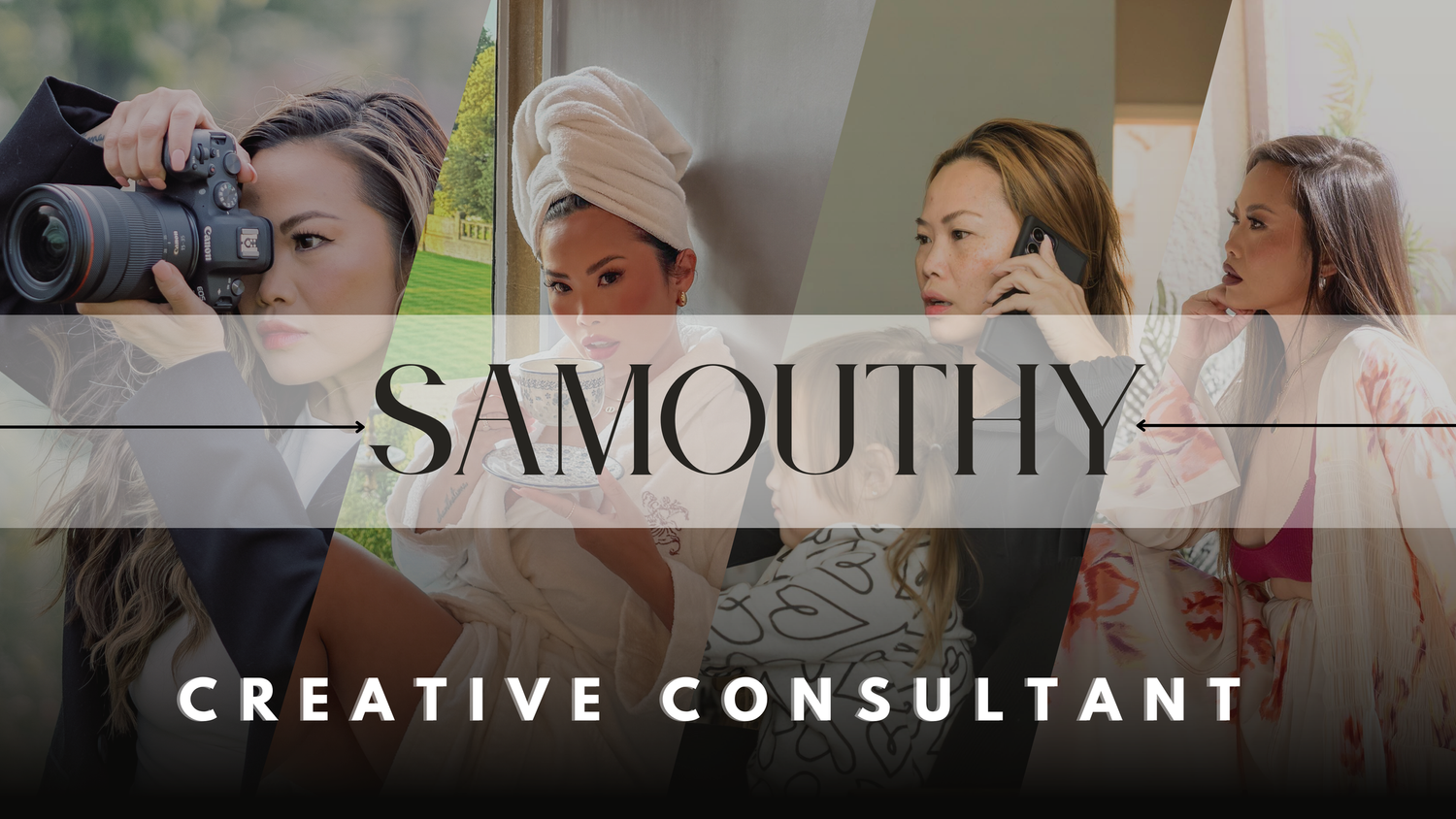 A photographer at work and creatives collaborating in an office setting with Samouthy creative consultant branding overlay.