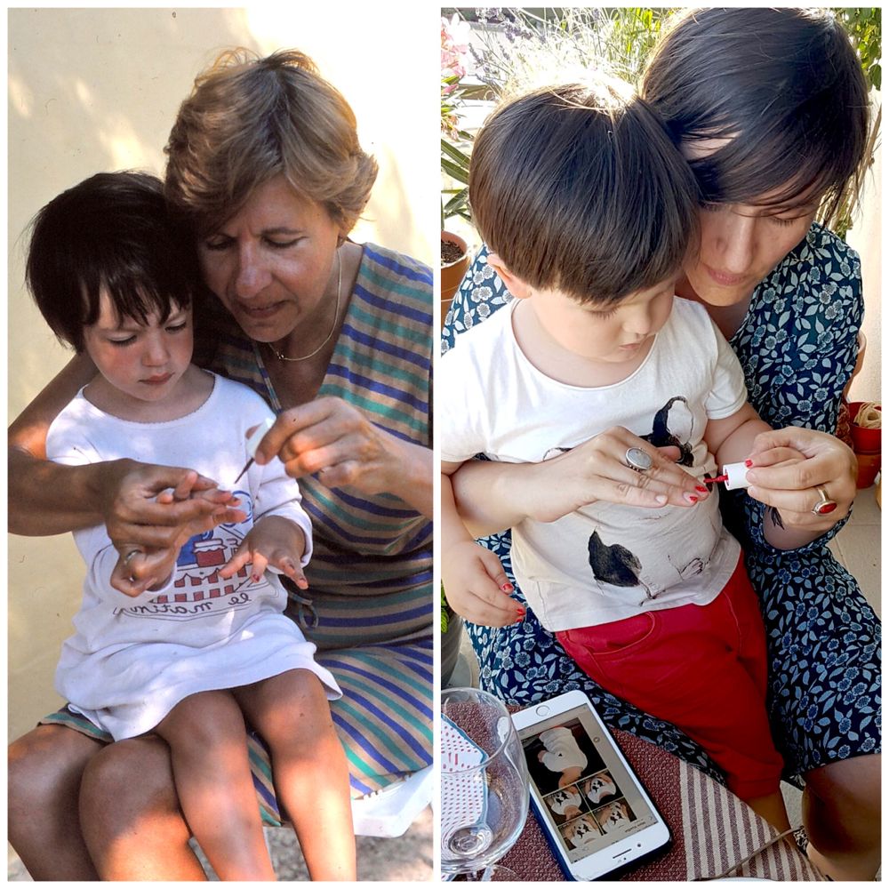 Two side-by-side family photos showing shared moments looking at something together.