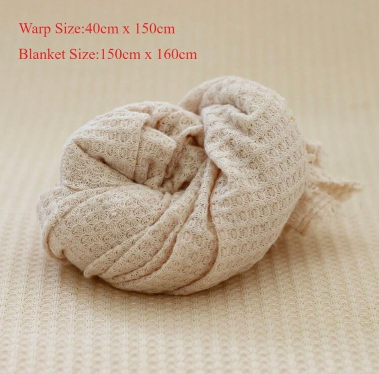 Product dimensions text overlay on beige textured fabric background.