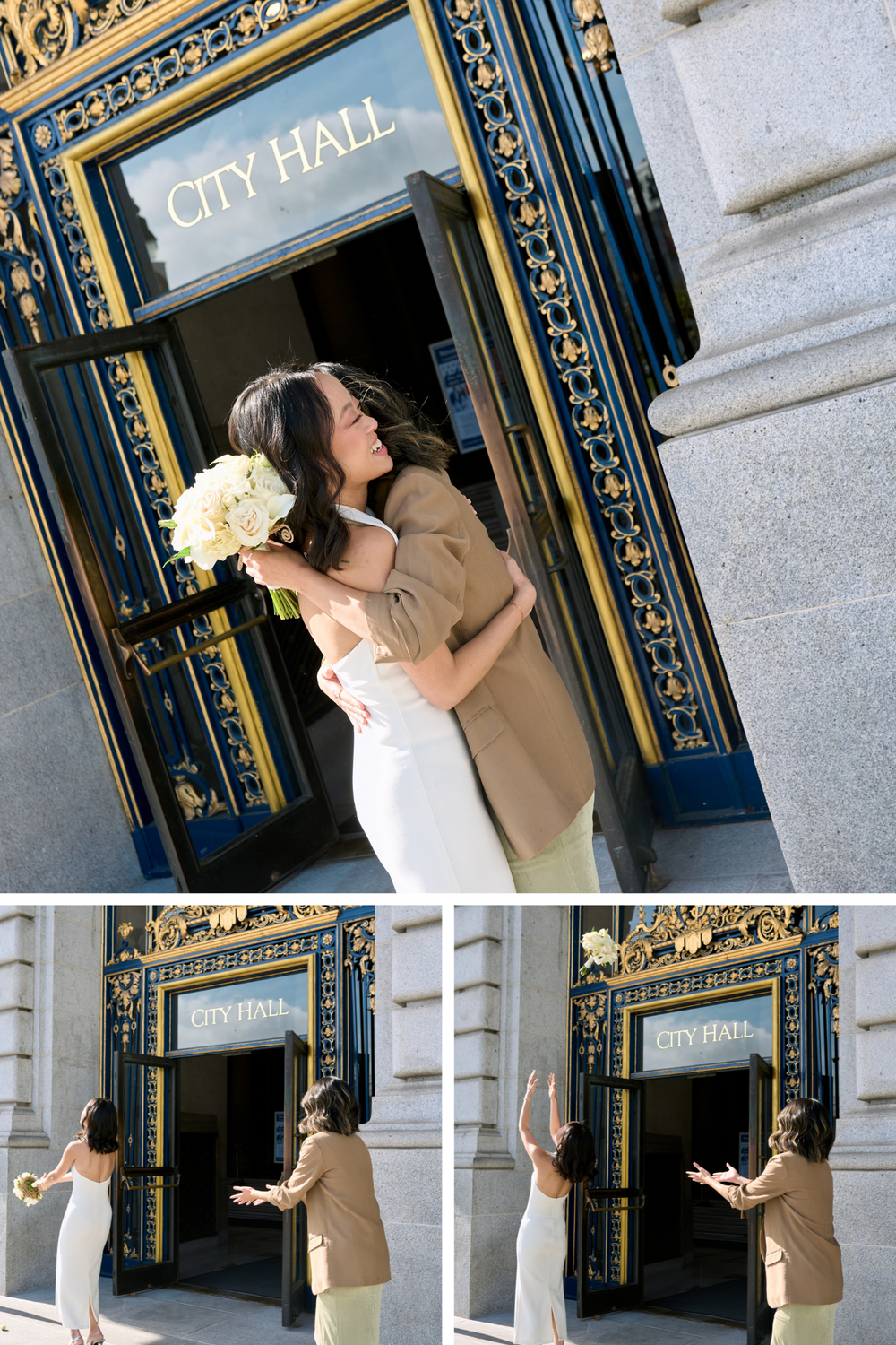 A couple embraces in front of an ornate City Hall entrance with blue and gold decorative details.