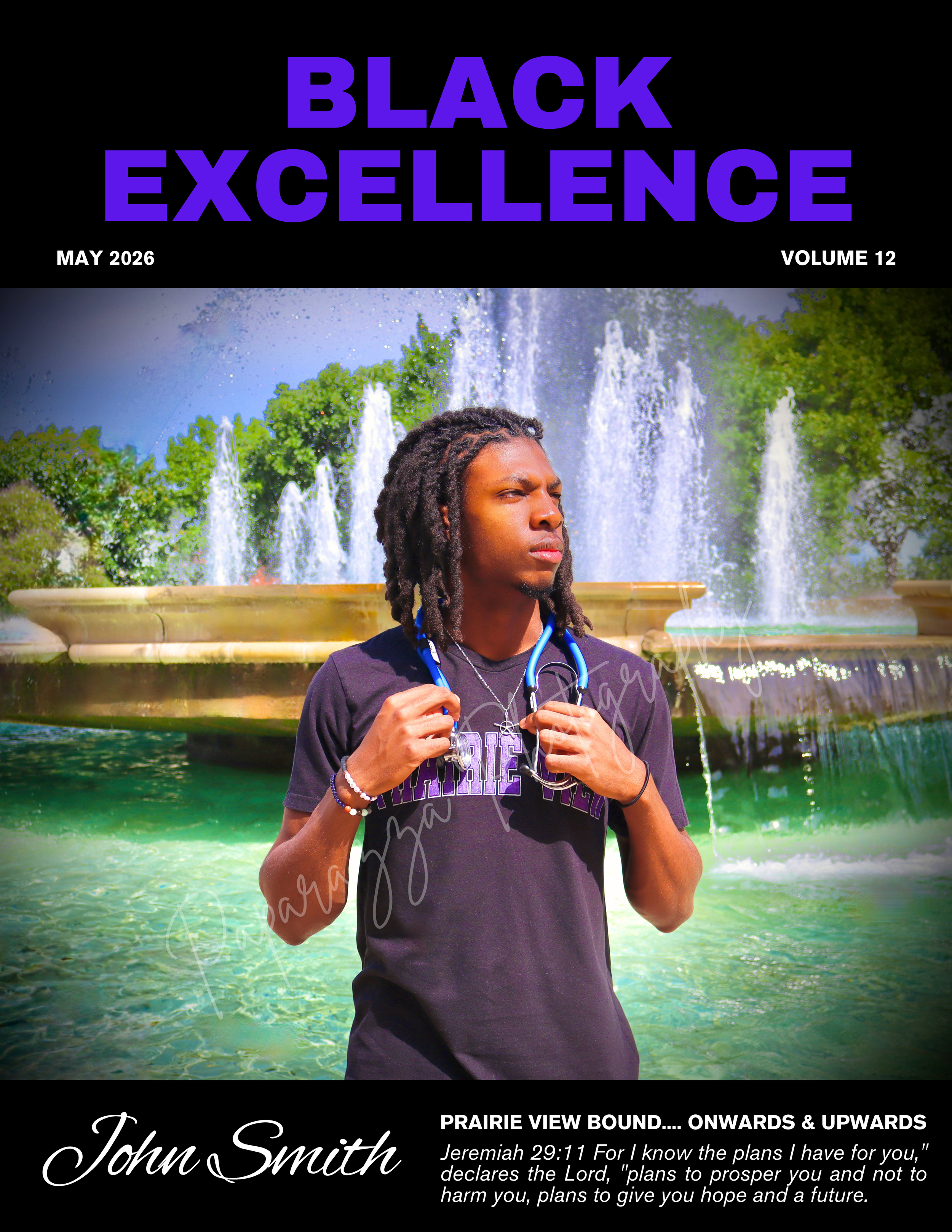 Black Excellence magazine cover featuring John Smith, Prairie View bound, with a fountain backdrop and inspirational Jeremiah 29:11 quote.