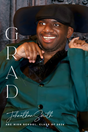 Smiling young Black man in green shirt and hat poses for grad announcement photo for ABC High School Class of 2026.
