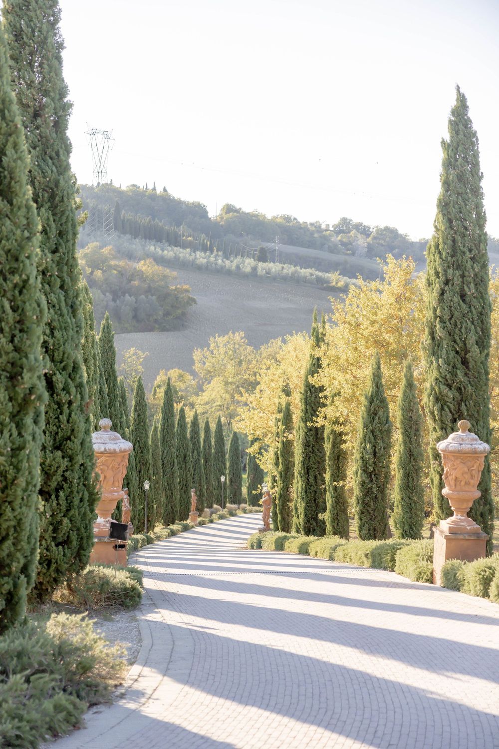 A sunlit Italian cypress-lined gravel driveway with terracotta urns leads to rolling Tuscan hills and vineyards.