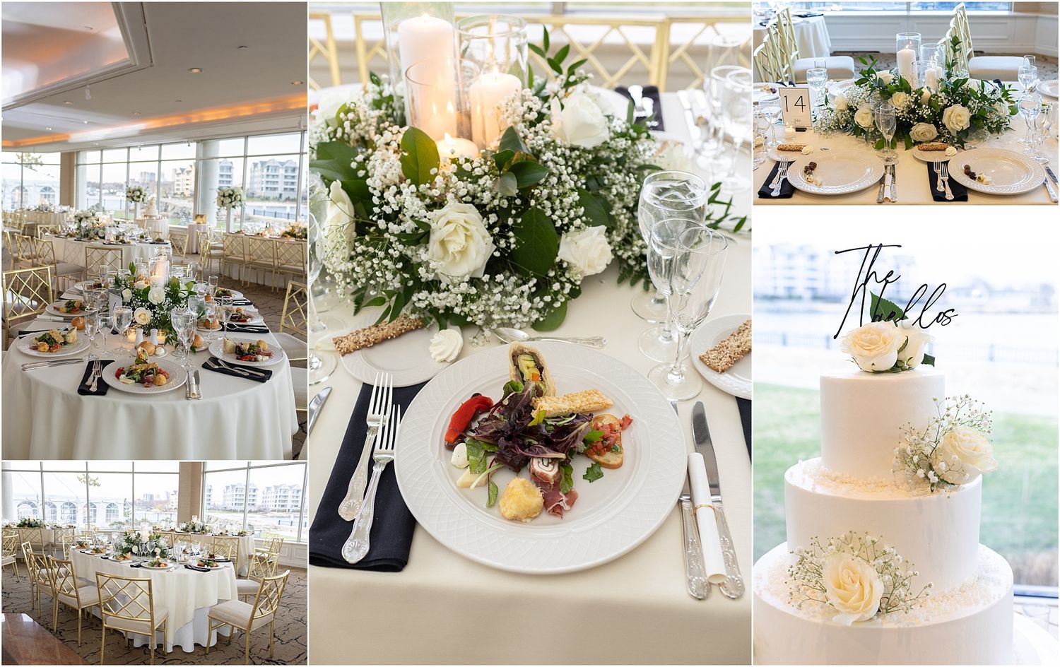 Elegant wedding reception table with white roses, candles, and gourmet appetizers at a luxury New York wedding venue. Glen Island Harbour Cl