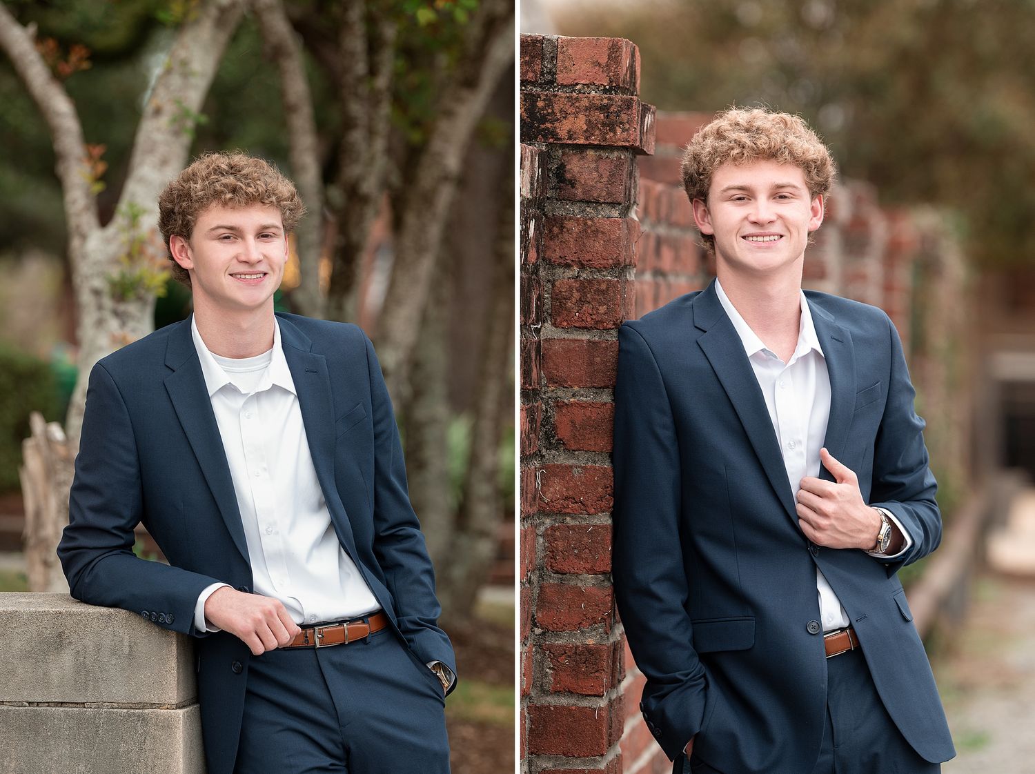 Young man in navy suit smiling outdoors, leaning against stone wall and brick wall in two senior portrait poses.
