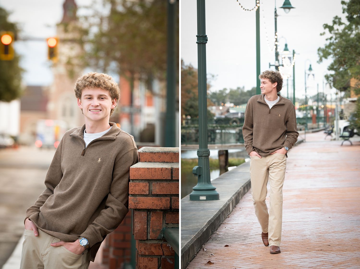 Young man in brown hoodie and khakis poses outdoors on a brick sidewalk near a waterfront promenade.
