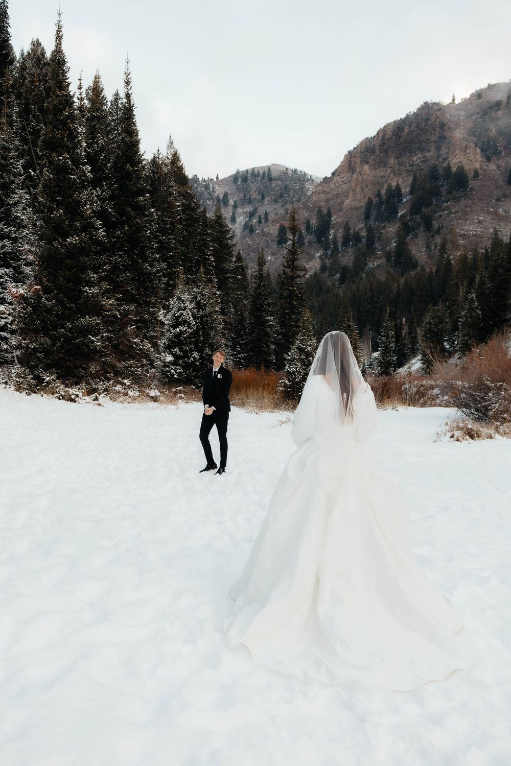 Bride in white gown and veil walks toward groom in black suit on snowy mountain landscape with pine trees.
