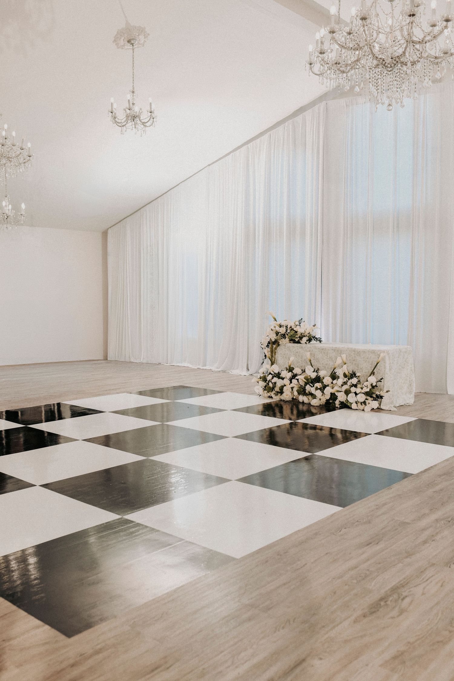 Brighton Abbey wedding reception hall with classic  black and white dance floor