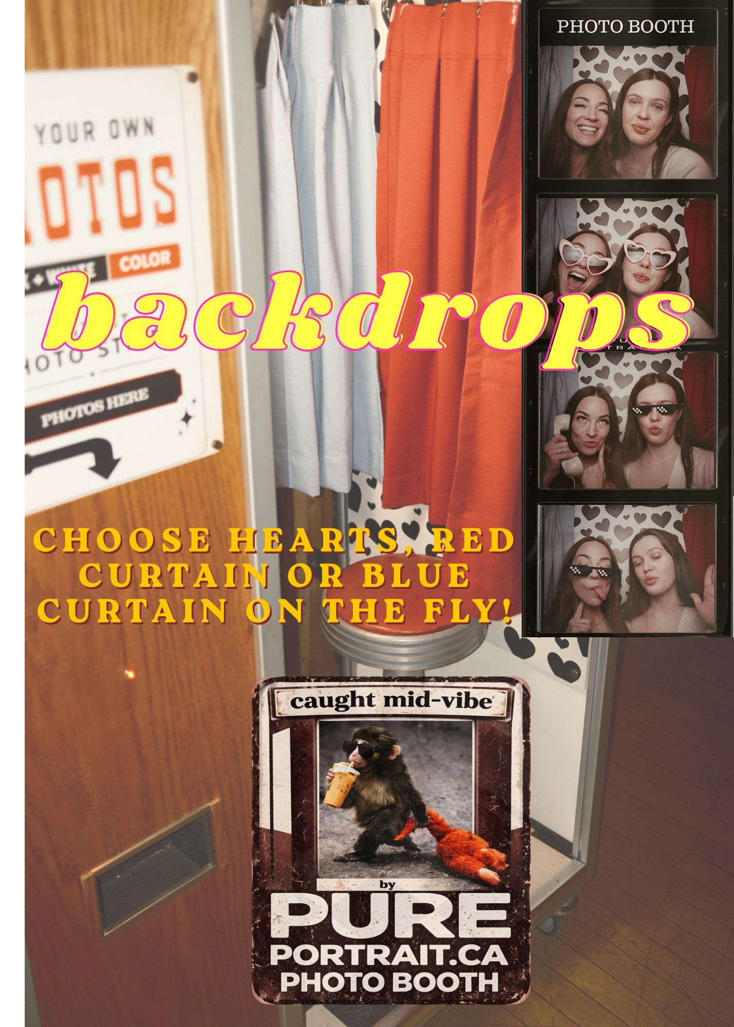 Photo booth backdrop options including hearts, red curtain, and blue curtain, with sample strips of two women posing.