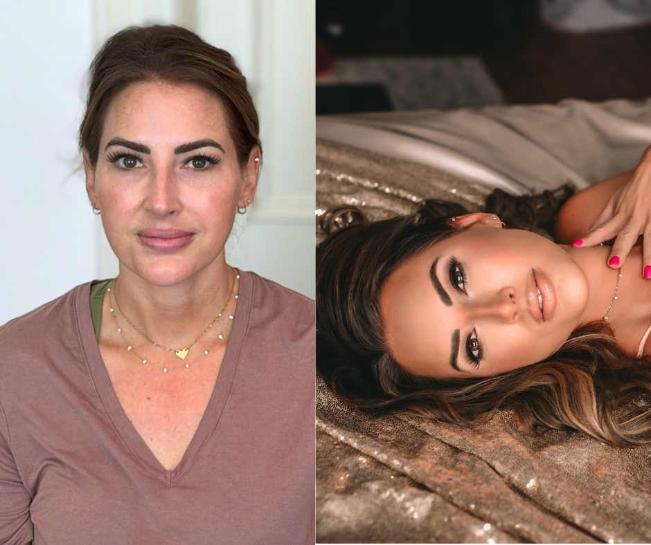 Before and after image of a woman at a boudoir studio before and after she has her makeup and hair done.