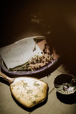 Vintage mirror and decorative items artistically arranged in moody lighting.