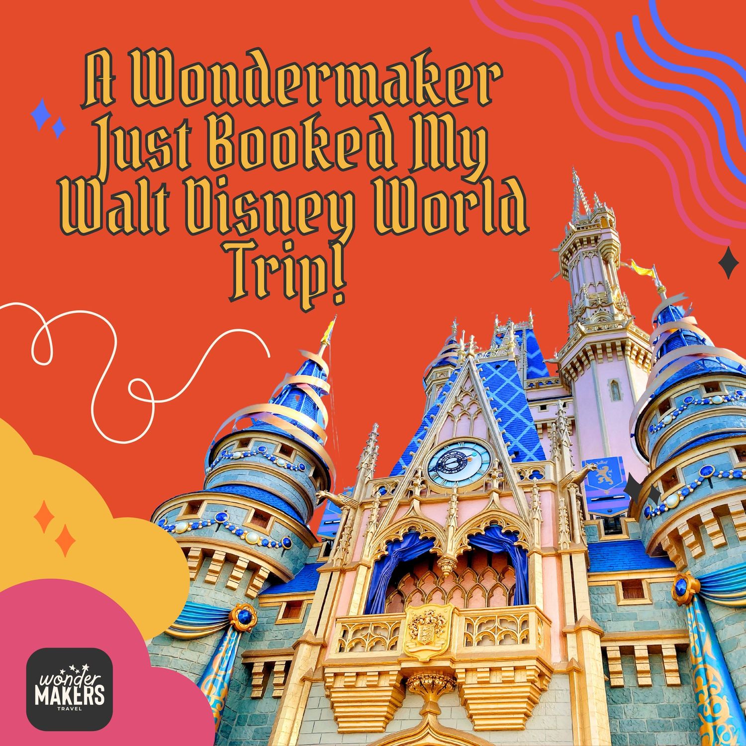 Retro-style Disney castle artwork with magical sparkles on coral background.