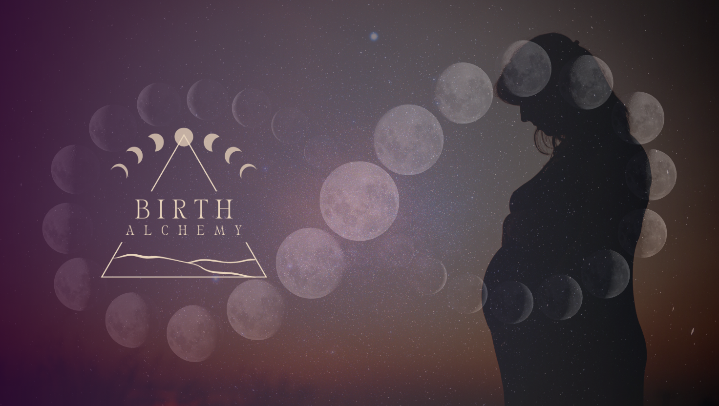 A silhouetted pregnant figure stands against a dark background with moon phases and circular bokeh lights.