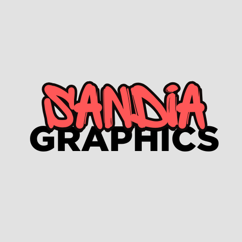 Red graffiti-style text reading 'SANDIA GRAPHICS' with black outline on light gray background.