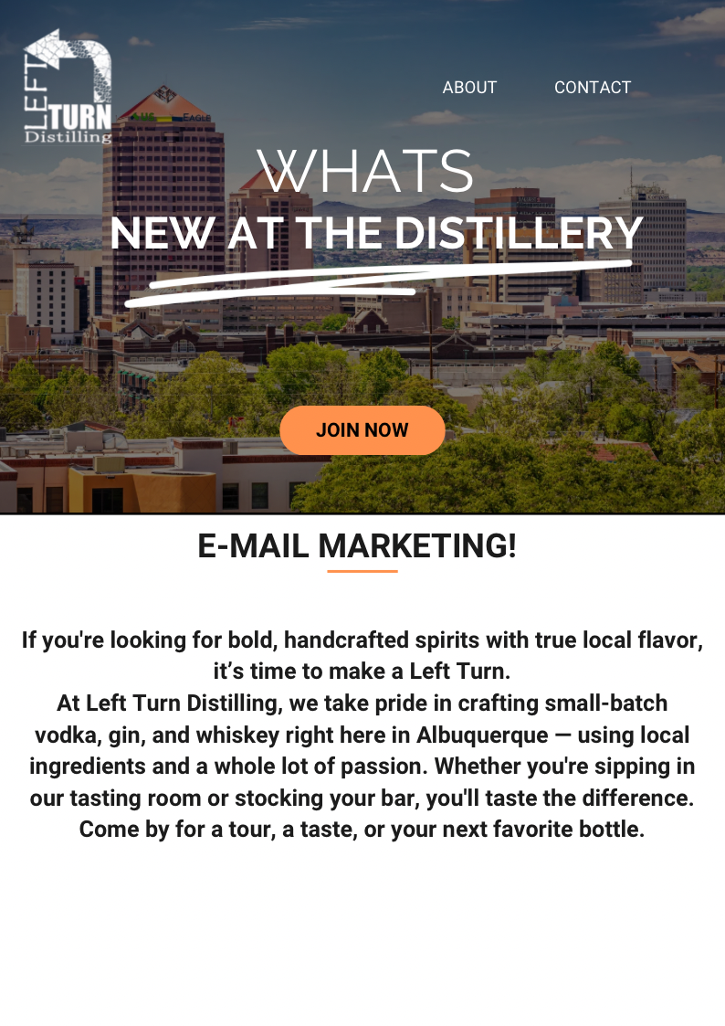 A modern distillery website header showcasing city skyline views and promotional text about handcrafted spirits.