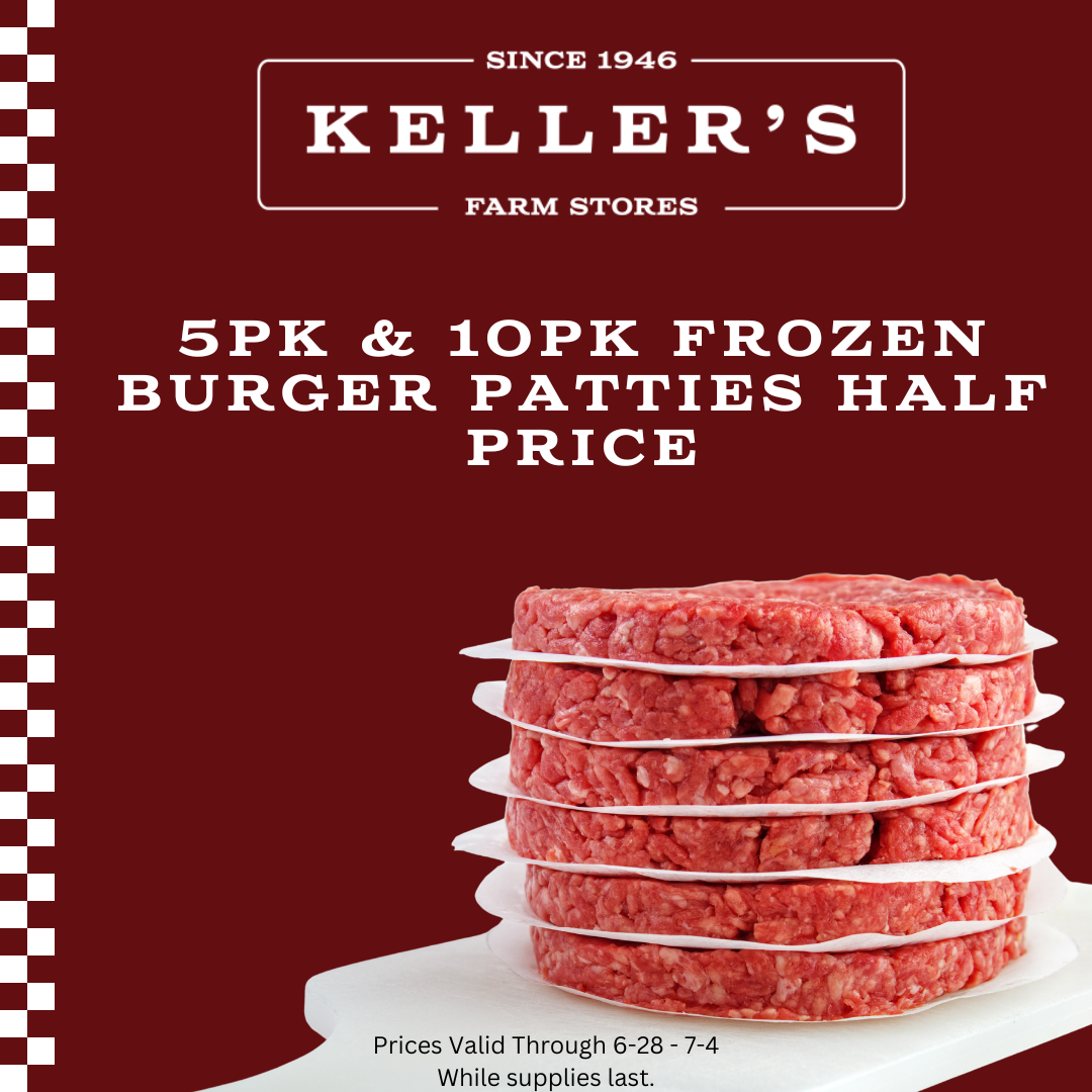Red and white grocery store advertisement showing stacks of frozen hamburger patties with pricing information.