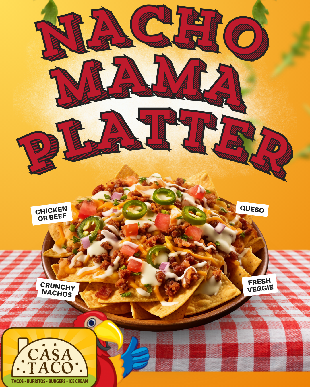 A colorful restaurant menu sign for loaded nachos featuring chicken, queso, fresh veggies and crunchy chips on a checkered cloth.