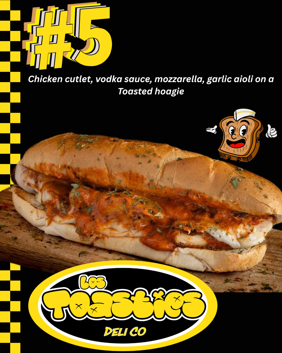 A series of promotional images for a deli shop showing a chicken cutlet sandwich on a hoagie roll with toppings.
