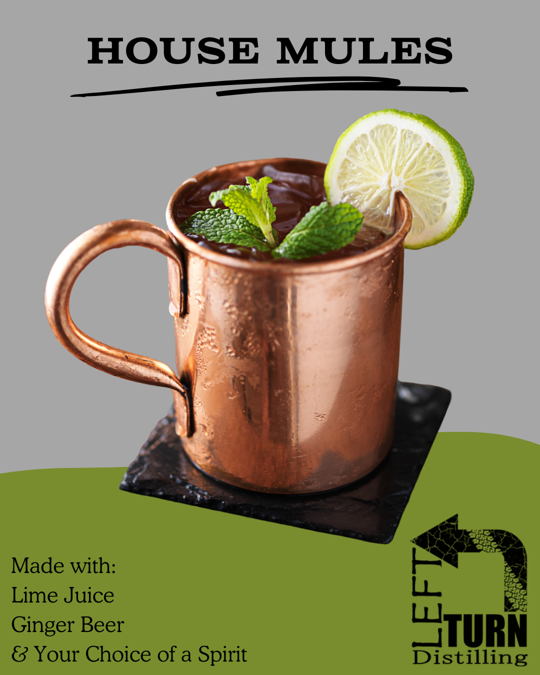 Copper mule mugs with lime and mint garnish against a dark background with promotional text for cocktail drink specials.