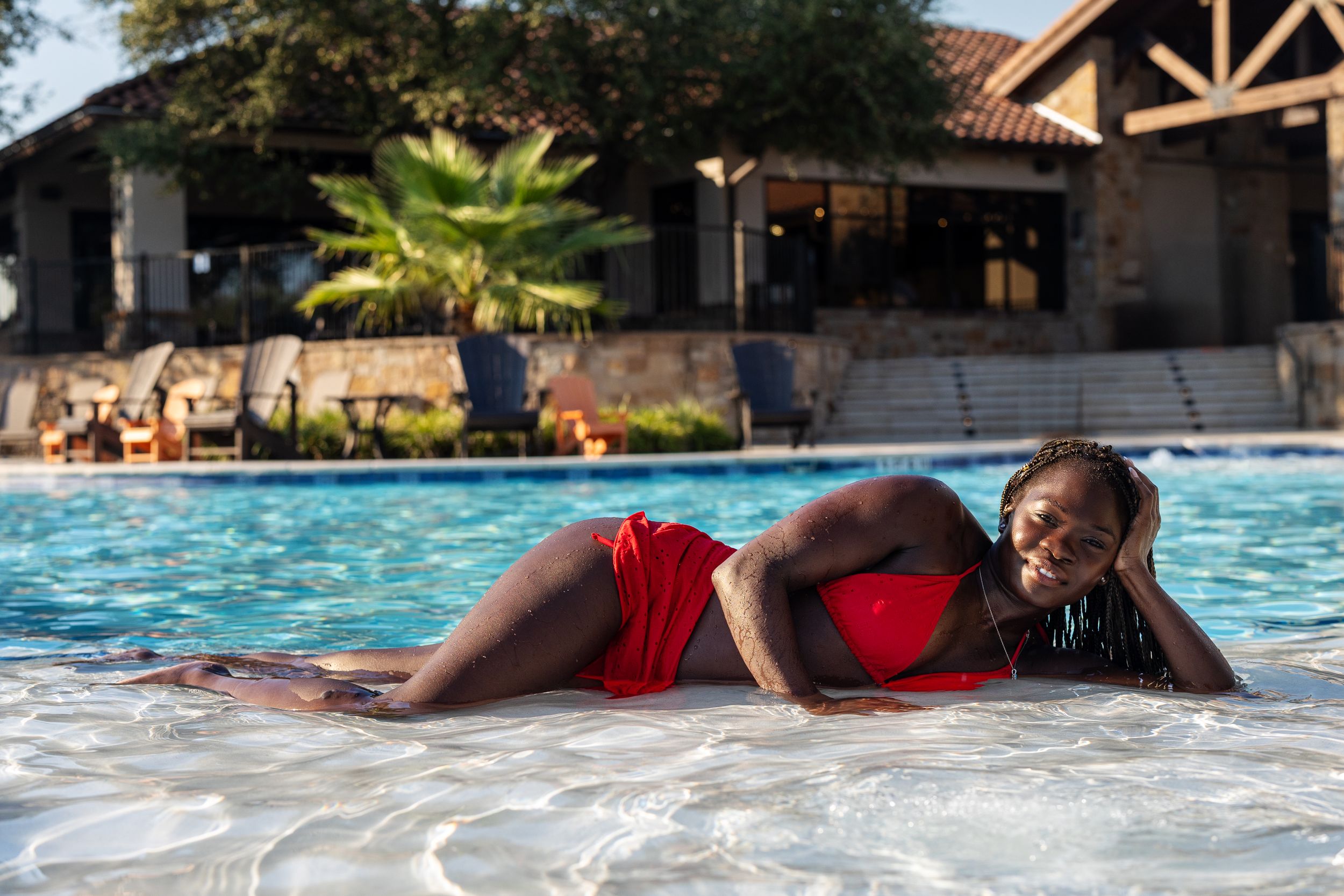 A collage of swimming pool scenes with bright blue water and sunlit outdoor settings.